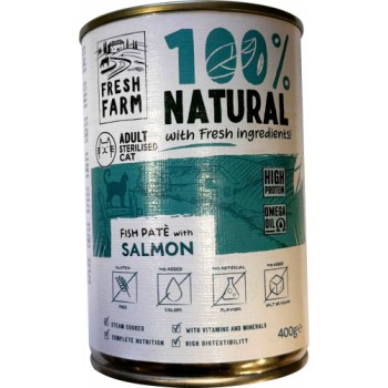 PREFERA Fresh Farm CAT Smooth pate with salmon & fish 400 gr - pilnvērtīga barība kaķiem, pastētes veida konservi kaķiem, ar lasi un zivīm.