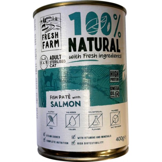 PREFERA Fresh Farm CAT Smooth pate with salmon & fish 400 gr - pilnvērtīga barība kaķiem, pastētes veida konservi kaķiem, ar lasi un zivīm.