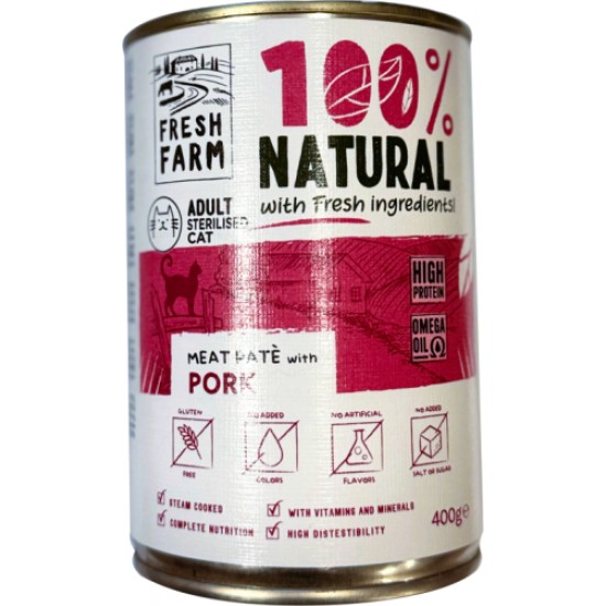 PREFERA Fresh Farm CAT Smooth pate with pork 400 gr - pilnvērtīga barība kaķiem, pastētes veida konservi kaķiem, ar cūkgaļu.