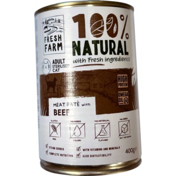 PREFERA Fresh Farm CAT Smooth pate with beef 400 gr - pilnvērtīga barība kaķiem, pastētes veida konservi kaķiem, ar liellopu gaļu