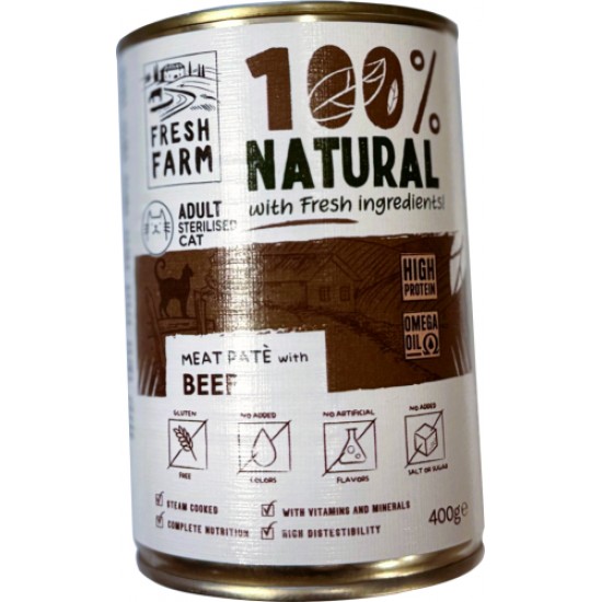 PREFERA Fresh Farm CAT Smooth pate with beef 400 gr - pilnvērtīga barība kaķiem, pastētes veida konservi kaķiem, ar liellopu gaļu
