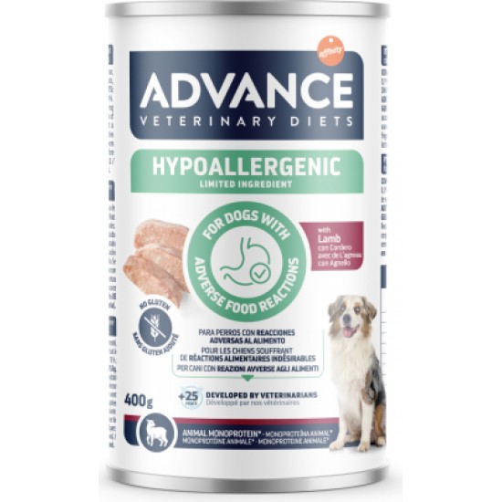 ADVANCE VETERINARY DIET DOG HYPOALLERGENIC LAMB 400G - KONSERVI SUŅIEM AR BARĪBAS NEPANESĪBU UN ALERĢIJĀM