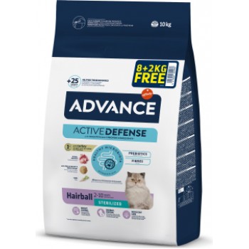 ADVANCE CAT STERILIZED HAIRBALL 8+2 KG - pilnvērtīga sausā barība sterilizētiem pieaugušiem kaķiem, kuriem ir problēmas ar gremošanas traktu un kuri cieš no spalvu kamoliņu veidošanos kuņģa-zarnu traktā. Ar tītara gaļu un miežiem