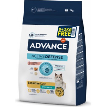ADVANCE CAT STERILIZED SENSITIVE CARE SALMON 8+2kg - pilnvērtīga sausā barība pieaugušiem sterilizētiem kaķiem no 1 līdz 10 gadiem, ar jūtīgu gremošanas sistēmu. Ar lasi.