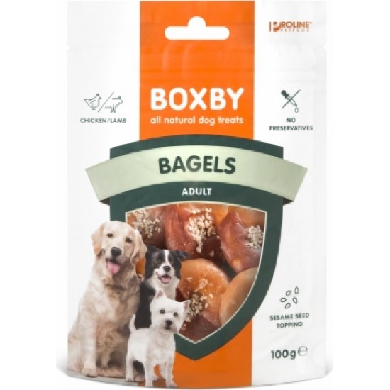 Boxby Bagels Chicken & Lamb 100g - papildbarība pieaugušiem suņiem, bageļi ar jēra gaļu un vistu, pārkaisīti ar sezama sēklām, kas tiem piešķir unikālu riekstu garšu.