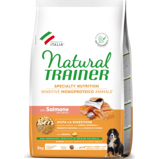 NATURAL TRAINERT DOG SENSITIVE NO GLUTEN PUPPY&JUNIOR MEDIUM/MAXI SALMON 3KG - pilnvērtīga un sabalansēta barība vidēja un liela izmēra kucēniem