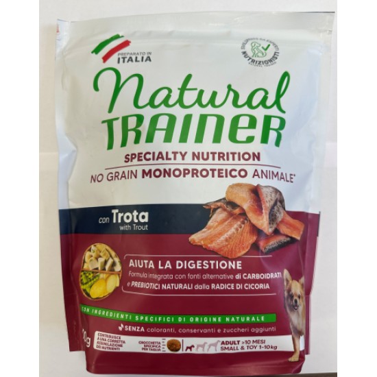 NATURAL TRAINER DOG NO GRAIN MONOPROTEICO ANIMALE ADULT SMALL&TOY TROUT 800 GR - pilnvērtīga un sabalansēta barība pieaugušiem maza izmēra suņiem