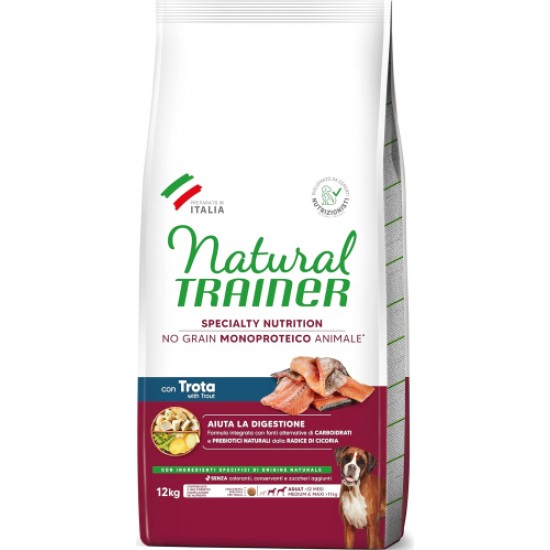 NATURAL TRAINER DOG NO GRAIN MONOPROTEICO ANIMALE ADULT MEDIUM/MAXI TROUT 12 KG - pilnvērtīga un sabalansēta barība pieaugušiem vidēja un liela izmēra suņiem (>11 kg)