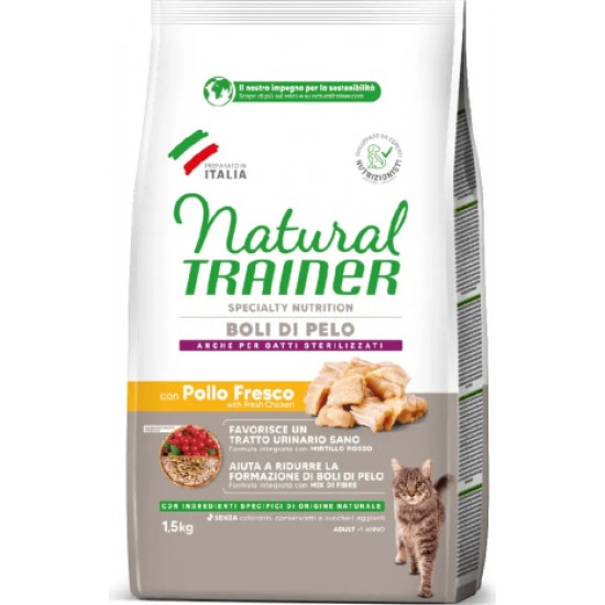 NATURAL TRAINER CAT HAIRBALL BOLI DI PELO CHICKEN 1,5KG - pilnvērtīga un sabalansēta barība pieaugušiem kaķiem no 1 gada vecuma.