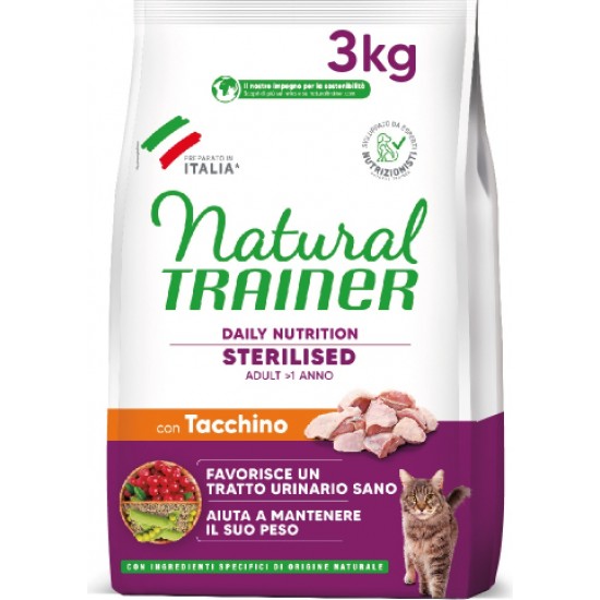 NATURAL TRAINER CAT STERILISED TURKEY 3.0 KG - pilnvērtīga sausā barība ar tītara gaļu pieaugušiem sterilizētiem kakiem