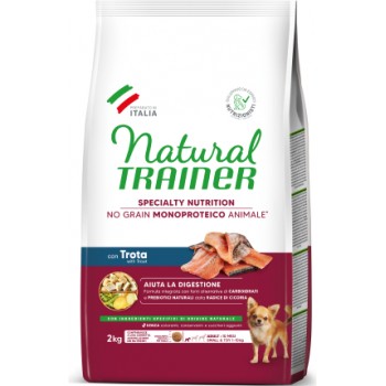 NATURAL TRAINER DOG NO GRAIN MONOPROTEICO ANIMALE ADULT SMALL&TOY TROUT 2KG - pilnvērtīga monoproteīna barība pieaugušiem maza izmēra suņiem