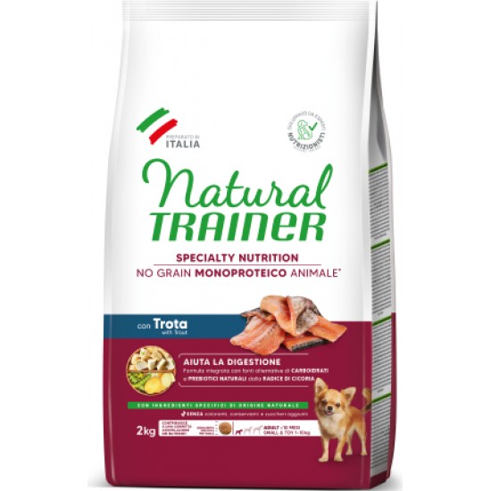 NATURAL TRAINER DOG NO GRAIN MONOPROTEICO ANIMALE ADULT SMALL&TOY TROUT 2KG - pilnvērtīga monoproteīna barība pieaugušiem maza izmēra suņiem