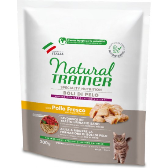 NATURAL TRAINER CAT HAIRBALL BOLI DI PELO CHICKEN 300GR - pieaugušiem kaķiem ar noslieci uz spalvu kamolu veidošanos kuņģa-zarnu traktā.