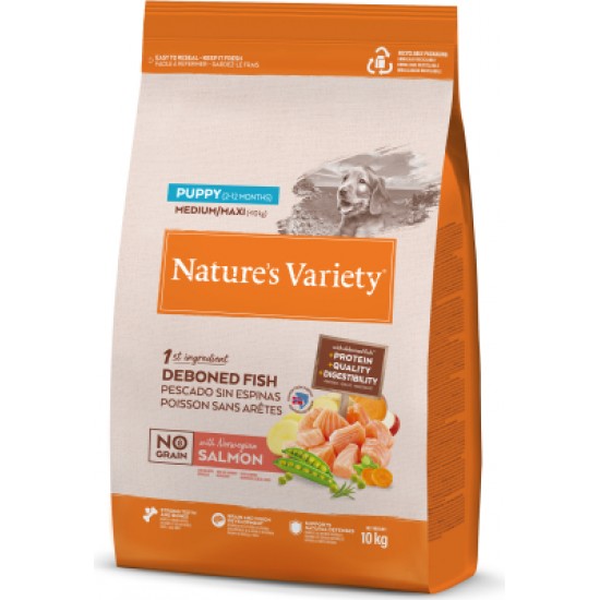 NATURES VARIETY DOG NO GRAIN PUPPY MEDIUM/MAXI SALMON 10 KG - sausā barība vidējo/lielo šķirņu kucēniem (līdz 12 mēn.), ar lasi un bez graudiem.