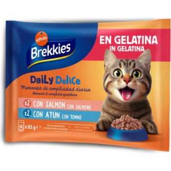 Brekkies Daily Delice Wet Jelly Adult Salmon & Tuna 4x85 gr - konservi želejā pieaugušiem kaķiem, ar lasi vai tunci.
