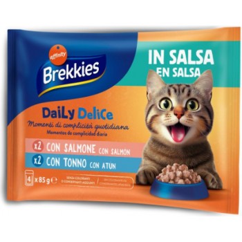 Brekkies Daily Delice Wet Cat Adult Salmon & Tuna 4x85 gr - konservi pieaugušiem kaķiem, ar lasi vai tunci.