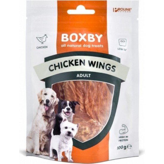 BOXBY CHICKEN WINGS 100g - papildus barība pieaugušiem suņiem, kaltēti vistu gaļas gabaliņi.