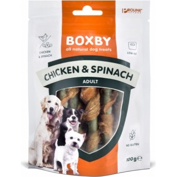 BOXBY CHICKEN & SPINACH Sticks 100g - papildbarība pieaugušiem suņiem, ar vistas gaļu un spinātiem.