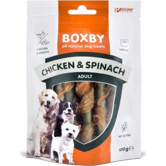BOXBY CHICKEN & SPINACH Sticks 100g - papildbarība pieaugušiem suņiem, ar vistas gaļu un spinātiem.
