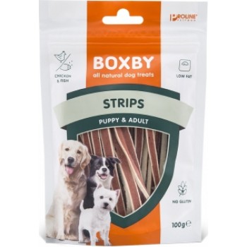 BOXBY STRIPS for DOGS 100G - papildbarība kucēniem no 3 mēn. un pieaugušiem suņiem, vistas gaļu un zivīm.