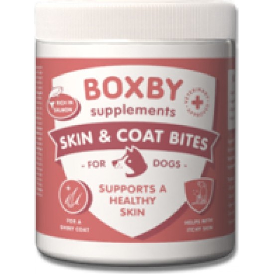 BOXBY SKIN & COAT BITES 240g - papildbarības suņiem, veicina suņa ādas un apmatojuma veselību.