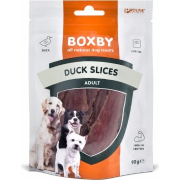 BOXBY DUCK SLICES for DOGS 90g - papildbarība pieaugušiem suņiem, gabaliņi ar pīles gaļu.