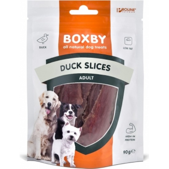 BOXBY DUCK SLICES for DOGS 90g - papildbarība pieaugušiem suņiem, gabaliņi ar pīles gaļu.