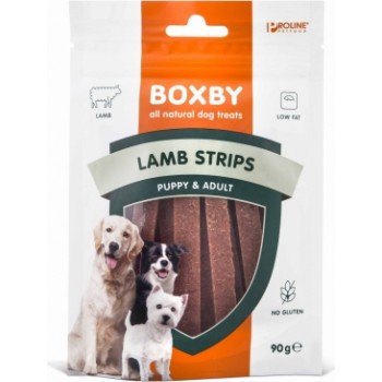 BOXBY LAMB STRIPS for DOGS 90g - papildbarība kucēniem un pieaugušiem suņiem, gabaliņi ar jēra gaļu.