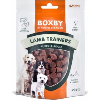 BOXBY LAMB TRAINERS PUPPY & ADULT 100g - papildbarība kucēniem no 3 mēn.un pieaugušiem suņiem, ar jēra un vistas gaļu.