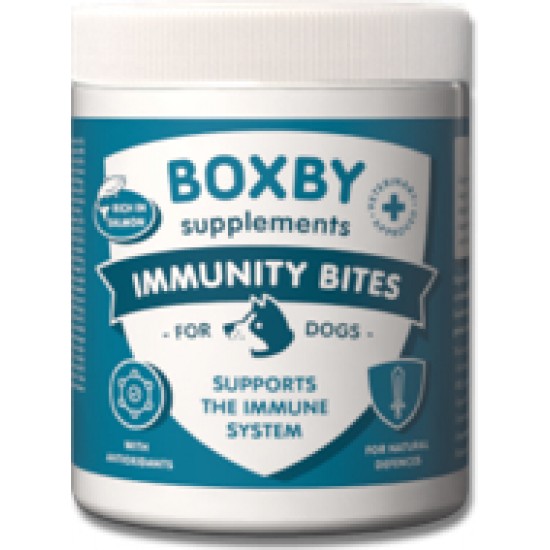 BOXBY IMMUNITY BITES 240g - papildbarības suņiem no 4 mēn., veicina suņa imūnsistēmu un mazina niezošas ādas diskomfortu.