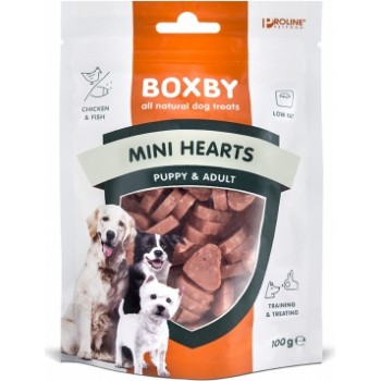 BOXBY PUPPY SNACKS MINI HEARTS 100 GR - papildus barība kucēniem un pieauguš. suņiem, sirsniņas ar vistas gaļu un zivīm.
