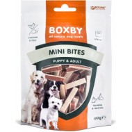 BOXBY CHICKEN BITES PUPPY&ADULT 100GR - papildbarība kucēniem no 3 mēn.un pieaugušiem suņiem. Ar vistu un zivīm.