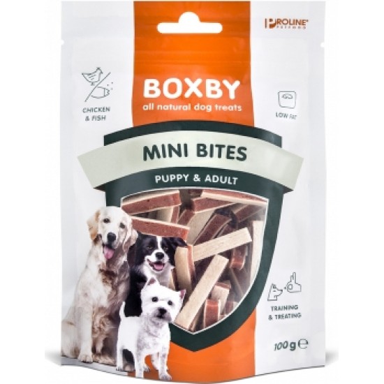 BOXBY CHICKEN BITES PUPPY&ADULT 100GR - papildbarība kucēniem no 3 mēn.un pieaugušiem suņiem. Ar vistu un zivīm.