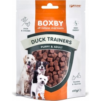 BOXBY DUCK TRAINERS 100g - papildbarība kucēniem un pieaugušiem suņiem, gabaliņi ar pīles gaļu.