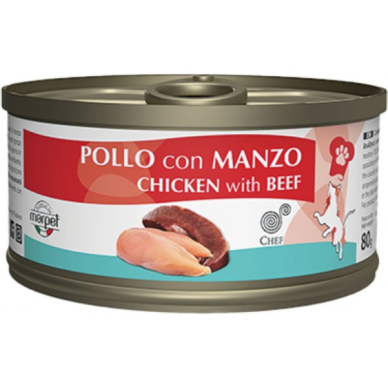 Marpet Chef 80gr Cat Chicken with Beef heart - konservi ar vistas gaļu un liellopa sirdim