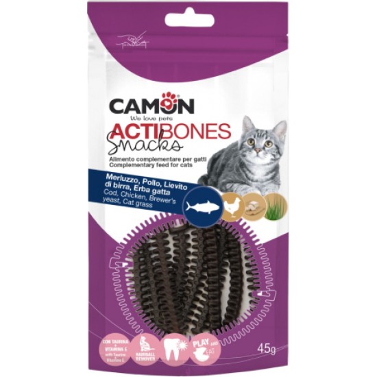 CAMON Actibones 45g - papildbarība pieugušiem kaķiem, gardums ar mencu, lasi un kaķumētru