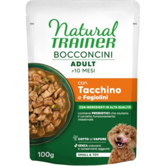 NATURAL TRAINER WET DOG S&T CHUNKS TURKEY 100 G - mitrā pilnvērtīga barība mazo šķirņu suņiem, tītara gaļas gabaliņi mercē. (24gb)