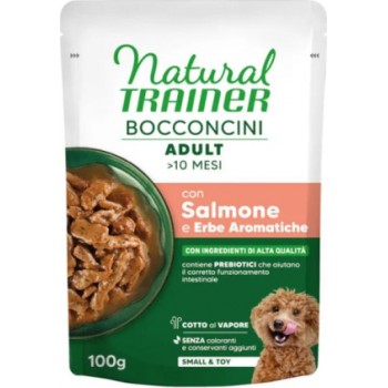 NATURAL TRAINER WET DOG S&T CHUNKS SALMON 100 G - mitrā pilnvērtīga barība mazo šķirņu suņiem, gabaliņi ar lasi mercē. (24gb)