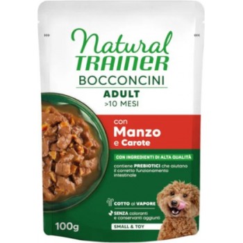 NATURAL TRAINER WET DOG S&T CHUNKS BEEF 100 G - mitrā pilnvērtīga barība mazo šķirņu suņiem, liellopu gaļas gabaliņi mercē. (24gb)