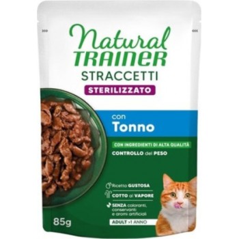 NATURAL TRAINER WET CAT STRACCETTI STERILIZED TUNA 85 G - mitrā pilnvērtīga barība pieaugušiem sterilizētiem kaķiem, gabaliņi ar tunci mercē. (28gb)