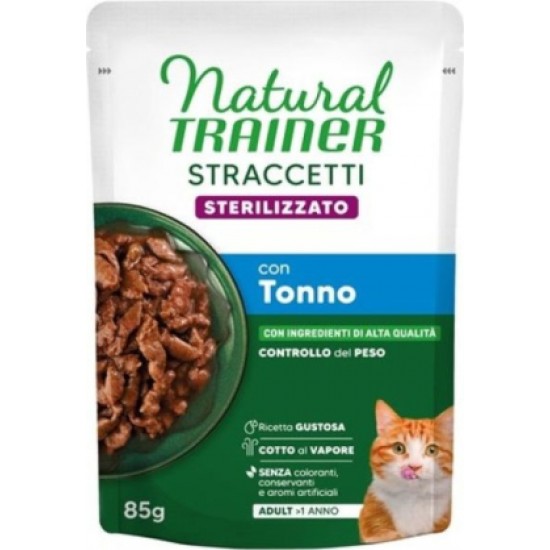 NATURAL TRAINER WET CAT STRACCETTI STERILIZED TUNA 85 G - mitrā pilnvērtīga barība pieaugušiem sterilizētiem kaķiem, gabaliņi ar tunci mercē. (28gb)