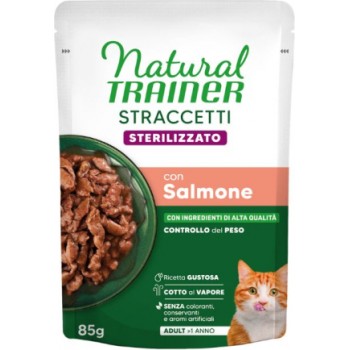 NATURAL TRAINER WET CAT STRACCETTI STERILIZED SALMON 85 G - mitrā pilnvērtīga barība pieaugušiem sterilizētiem kaķiem, gabaliņi ar lasi mercē.(28gb)