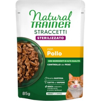 NATURAL TRAINER WET CAT STRACCETTI STERILIZED CHICKEN 85 G - mitrā pilnvērtīga barība pieaugušiem sterilizētiem kaķiem, vistas gaļas gabaliņi mercē. (28gb)