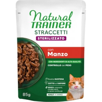 NATURAL TRAINER WET CAT STRACCETTI STERILIZED BEEF 85 G - mitrā pilnvērtīga barība pieaugušiem sterilizētiem kaķiem, liellopu gaļas gabaliņi mercē. (28gb)
