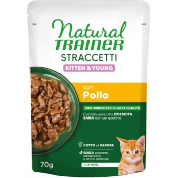 NATURAL TRAINER STRACCETTI KITTEN CHICKEN 70 G - mitrā sabalansēta barība kaķēniem vecumā no 1 līdz 12 mēnešiem. Vistas gaļas gabaliņi mercē.(28g)