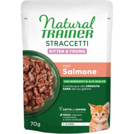 NATURAL TRAINER STRACCETTI KITTEN SALMON 70 G - konservi kaķēniem no 1 līdz 12 mēnešiem (28gb)