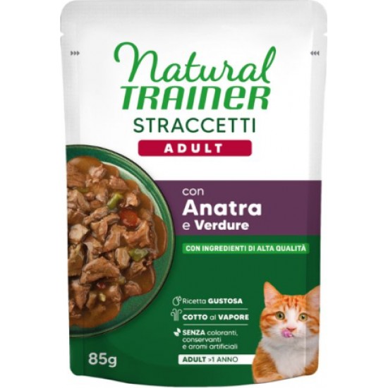 NATURAL TRAINER WET CAT ADULT DUCK 85 G - mitrā pilnvērtīga un sabalansēta barība pieaugušiem kaķiem, pīles gaļas gabaliņi mercē. (28gb)