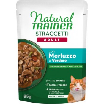 NATURAL TRAINER WET CAT ADULT COODFISH 85 G - mitrā pilnvērtīga barība pieaugušiem kaķiem, mencas un gaļas gabaliņi mercē. (28gb)