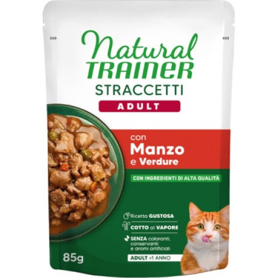 NATURAL TRAINER WET CAT ADULT BEEF 85 G - mitrā pilnvērtīga barība pieaugušiem kaķiem, liellopu gaļas gabaliņi mercē. (28gb)