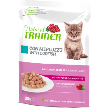 NATURAL TRAINER CAT KITTEN&YOUNG WITH CODFISH 85G - pilnvērtīgā konservēta barība KAĶĒNIEM (1-6mēneši), ar mencu. (12gb)